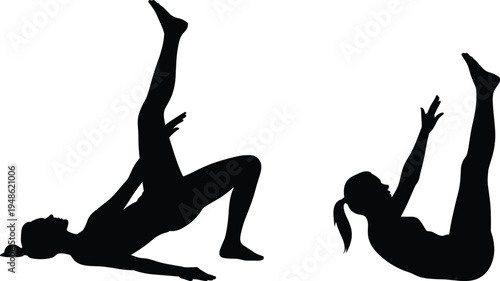 pilates yoga silhouette set, woman fitness floor exercise, core strength workout, stretching flexibility training, healthy lifestyle concept, isolated black silhouettes