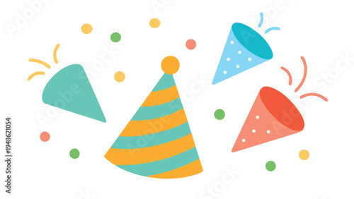Hand drawn colorful birthday party hats and blowers with confetti.