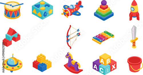 Colorful kids toy icons set with drum rocket airplane blocks sword bucket xylophone pyramid cube vector illustration