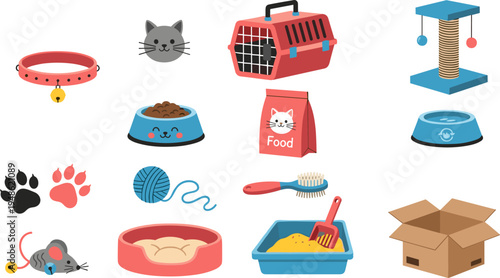 Cute cat pet care icons set, flat vector illustration, kitten accessories collection, bowls toys carrier litter box grooming supplies cartoon