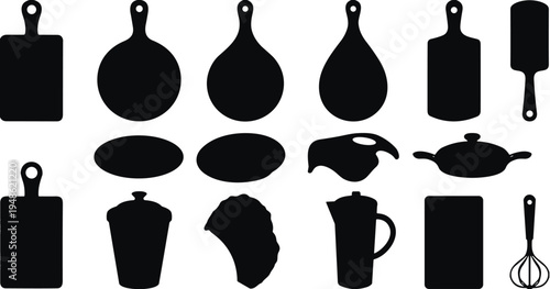 Kitchen utensil silhouettes set, cutting boards cookware tools collection, cooking equipment icons, kitchenware illustration, food preparation concept