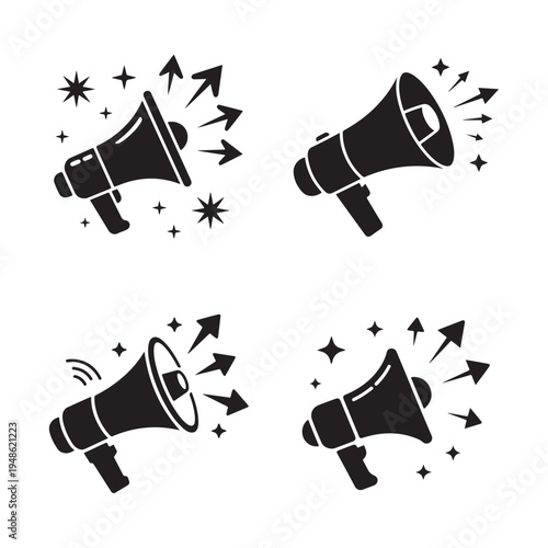 Flat style solid black silhouette vector icon set of a megaphone