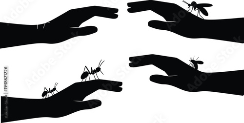insect on human hand silhouettes, mosquito and ant pests, bug bite risk concept, pest control awareness illustration