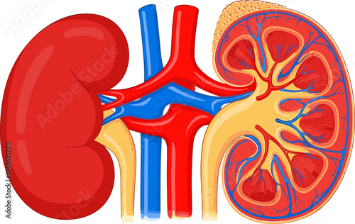 Human kidney anatomy medical illustration, detailed internal kidney structure diagram, urinary system organ vector for healthcare education
