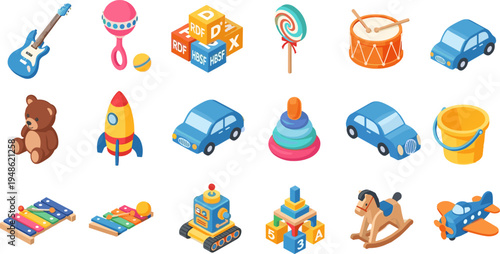 Kids toys isometric icon set with guitar drum rocket car teddy bear robot airplane colorful children play objects