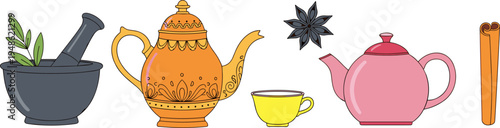 Tea brewing ingredients and utensils set, teapot cup mortar spices vector illustration, herbal tea preparation kitchen tools