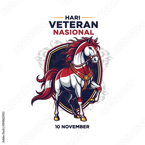 Horse Logo with Shield and Text Hari Veteran Nasional