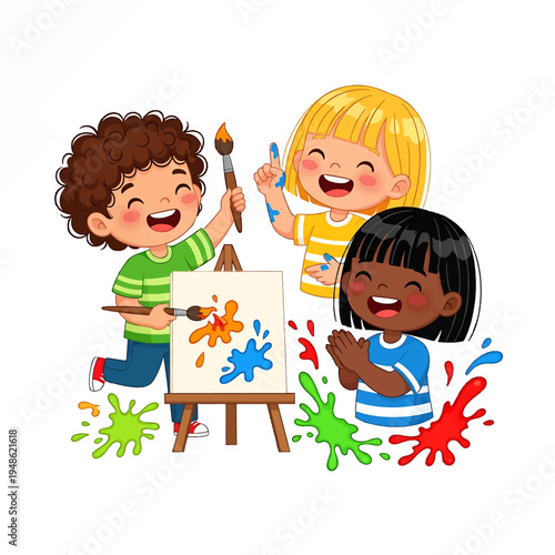 Children painting together at an easel with colorful paint splashes