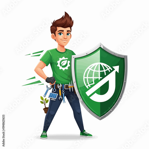 Young Technician with Shield and Global Security Symbol