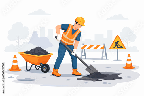 Flat vector illustration of a construction worker in a safety vest and helmet repairing a damaged road with a shovel, asphalt, wheelbarrow, traffic cones, and warning signs on a city street.