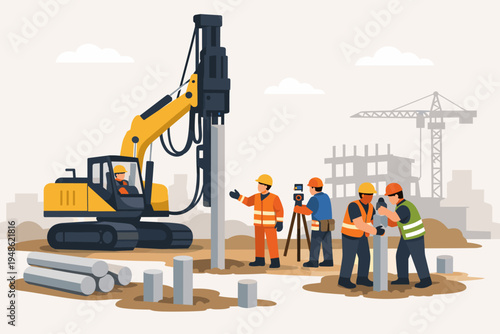 Construction Engineers and Workers Driving Concrete Piles on a Busy Construction Site Using Heavy Machinery Like a Pile Driver and Crane for Building Foundation, Flat Vector Illustration