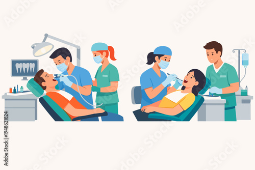 Dentists treating patients with help from nurses in a modern dental clinic. Flat vector illustration of male and female dentists performing oral procedures on patients in chairs with assistants.