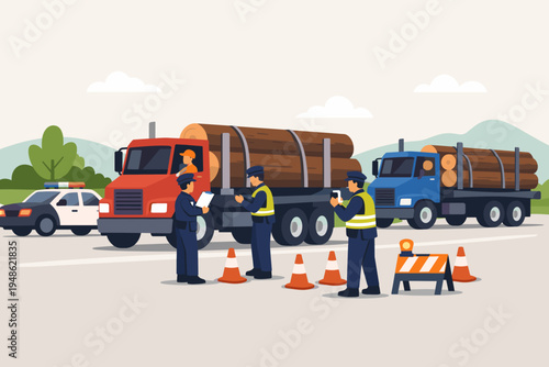 Police Officers Inspecting Log Trucks at a Roadside Traffic Checkpoint for Safety and Compliance, Flat Vector Illustration of Timber Transport Vehicles Stopped by Law Enforcement on Highway