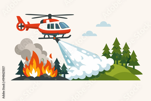 Flat vector illustration of a red and white firefighting helicopter spraying water or chemical retardant to extinguish a raging forest fire in a pine tree woodland during an emergency mission.