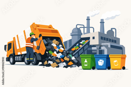 Garbage Truck Unloading Waste at a Recycling Plant with a Worker, Conveyor Belt, and Factory Chimneys. Three Colorful Bins for Glass, Paper, and Metal Sorting. Sustainable Waste Management Concept.