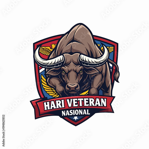Bull mascot with heroic badge and ribbon