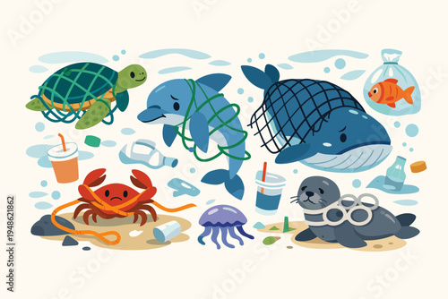 Marine Animals Trapped in Plastic Waste and Fishing Nets Illustration. Sea Turtle, Dolphin, Whale, Seal, and Crab Facing Danger from Ocean Pollution and Garbage. Flat Vector Art for Ecology Awareness.