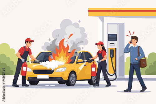 Gas station employees using fire extinguishers to put out a car fire while a man talks on a mobile phone nearby. Vector illustration of emergency response, safety hazards, and petrol station.