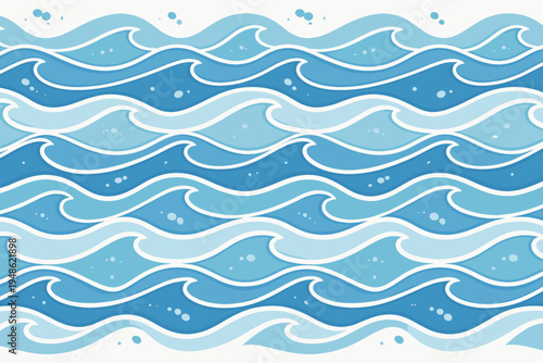 Seamless Background Pattern of Stylized Blue Sea Waves with White Outlines and Bubbles, Simple Flat Vector Illustration for Summer Nautical Design, Ocean Water Surface Texture for Wallpaper