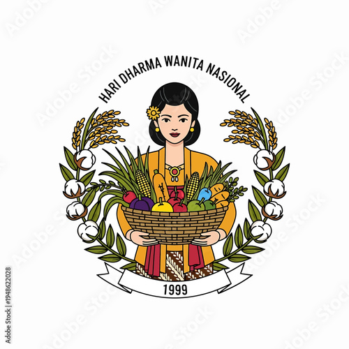HARI DHARMA WANITA NASIONAL emblem with basket of produce and cotton
