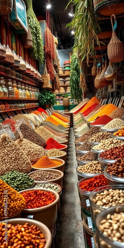 Rows of fragrant spices and herbs create a colorful display at the Baniyas Street spice market in Dubai's Al Ras district,  Deira,  exotic flavors