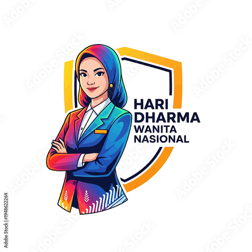 Female professional in colorful blazer with shield background for Hari Dharma Wanita Nasional