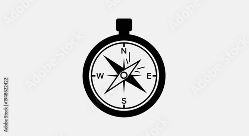 Black and white compass icon on a gray background, navigation tool for direction and travel