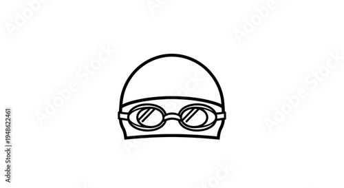 Black and white illustration of swimming cap and goggles, sports equipment for swimming