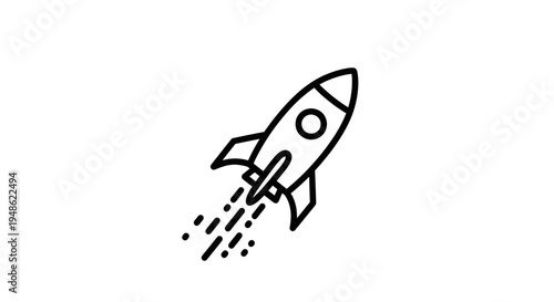 Black and white rocket launching into space with speed lines, representing startup and exploration