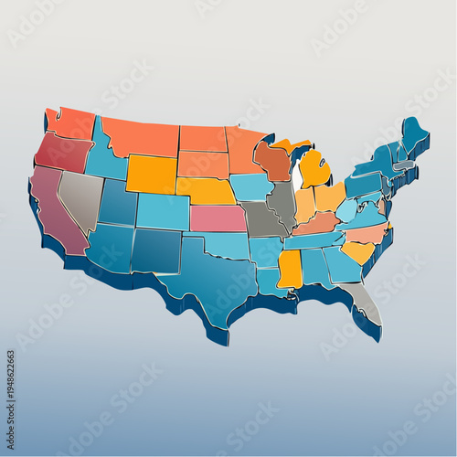 Colorful and intricate 3D map of the United States, highlighting each state with unique hues, perfect for educational materials, geographical studies, or innovative data visualization projects