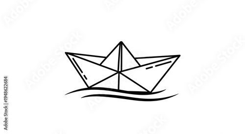 Simple paper boat floating on wavy water, hand-drawn sketch, minimalist, black and white