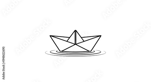 Simple paper boat floating on water, minimalist line art, childhood fun, creative hobby, origami toy