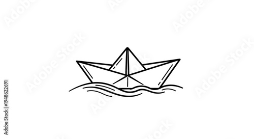 Simple paper boat floating on wavy water, minimalist line art, childhood toy, creative concept