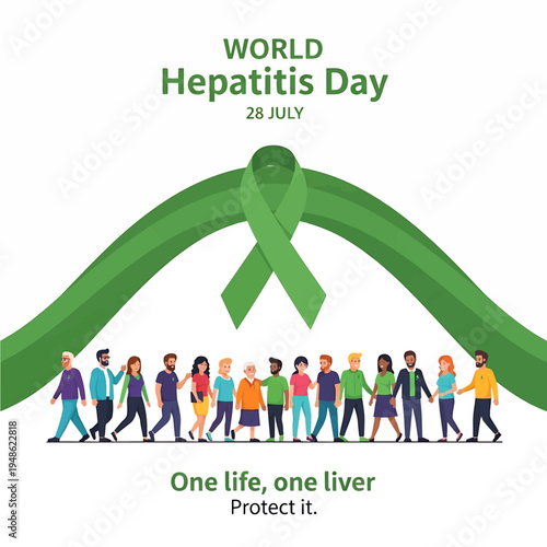 World Hepatitis Day theme with diverse crowd and green ribbon