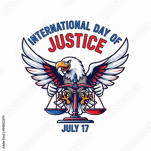International Day of Justice eagle emblem with scales and July 17