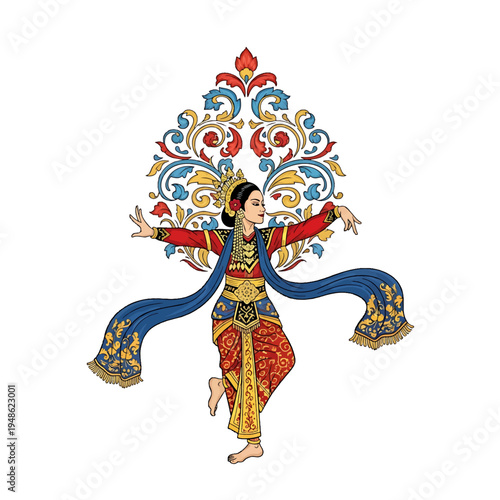 Traditional dancer in ornate costume performing with decorative floral backdrop