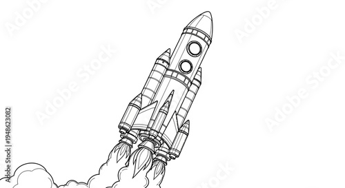 Retro Rocket Launching into Space with Fiery Exhaust and Smoke