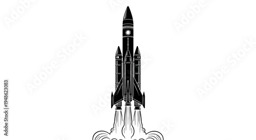 Retro Rocket Launching into Space with Fiery Exhaust Trails