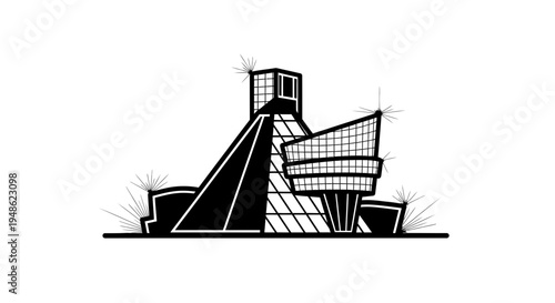 Rock and Roll Hall of Fame Building, Cleveland, Ohio - Black and White Line Art Illustration