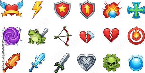 Game UI icons set, fantasy RPG elements collection, hearts swords shields magic symbols, cartoon gaming interface assets vector