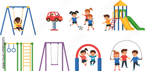 Kids playground activities set, children playing swings slides football jump rope, park equipment collection, happy childhood cartoon vector illustration