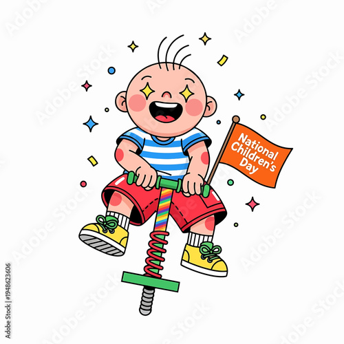 Baby on a spring rocker with National Children's Day flag