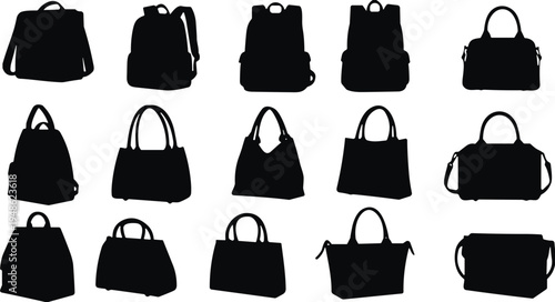 Handbag and backpack silhouettes collection, fashion bags set, women purse accessories, stylish bag icons, shopping and lifestyle illustration
