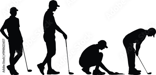 golf, golfer, silhouettes, sport, player, swing, putting, black, athlete, game, vector, illustration, isolated, recreation, outdoor, design, clipart, outline, graphic, collection