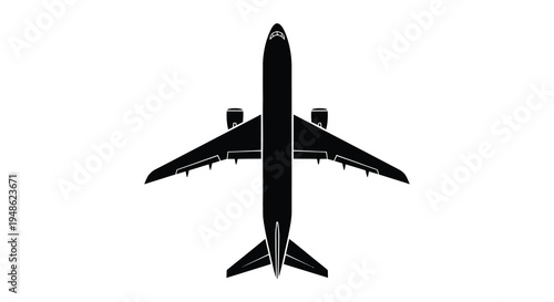 A black silhouette of a passenger airplane viewed from directly above