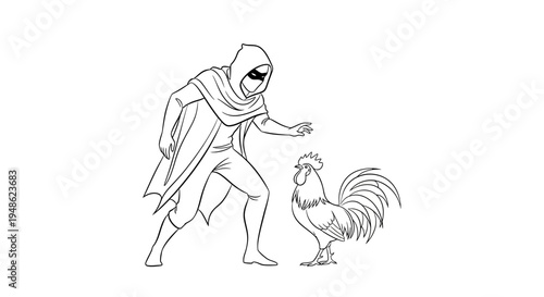 Mysterious masked figure confronts a proud rooster in a dramatic standoff