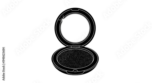 Open Compact Powder Makeup with Mirror, Black and White Illustration