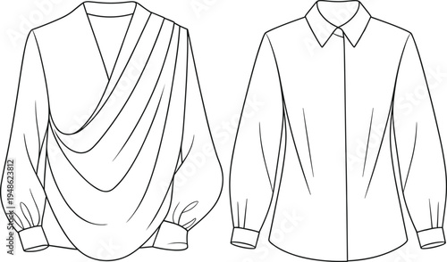 Technical fashion sketch of two women elegant blouses featuring a draped wrap top and a classic button down shirt isolated on a white background
