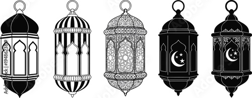 Traditional Ramadan lantern collection with ornate Arabic fanous lamps and crescent moon designs, Islamic decorative hanging lights for Ramadan Kareem celebration illustration