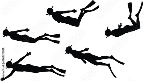 female scuba diver silhouettes, underwater snorkeling swimming poses, ocean diving sport concept, aquatic adventure lifestyle, isolated black silhouettes
